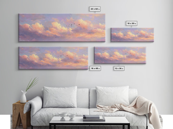 Peach Sunset Clouds With Distant Birds Canvas Print, Soft Pastel Wall Art, Dreamy Landscape Calming Decor, Living Room Wall Art