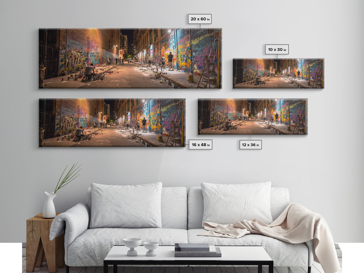Nighttime Urban Graffiti Alleyway Street Art Scene Vibrant Spray Paint Murals Wall Art Framed Canvas Print