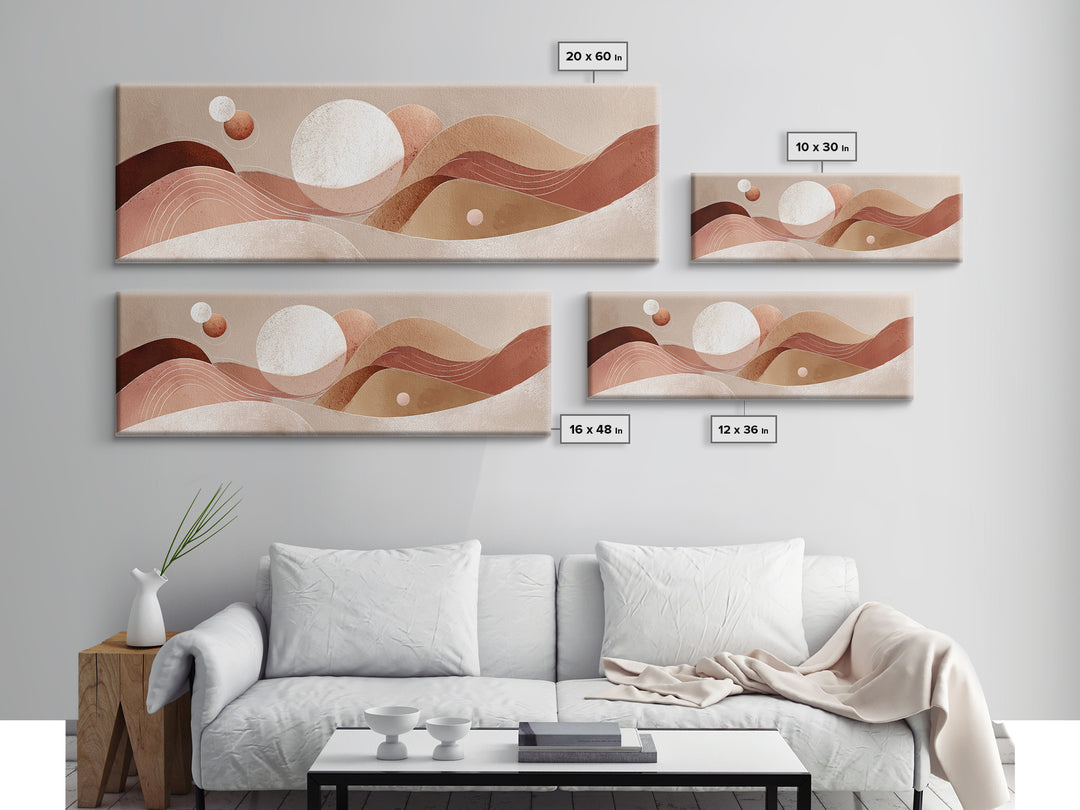 Abstract Terracotta Desert Dunes With Sun And Moons Wall Art, Mid Century Canvas Print, Earth Tone Decor, Modern Boho Art