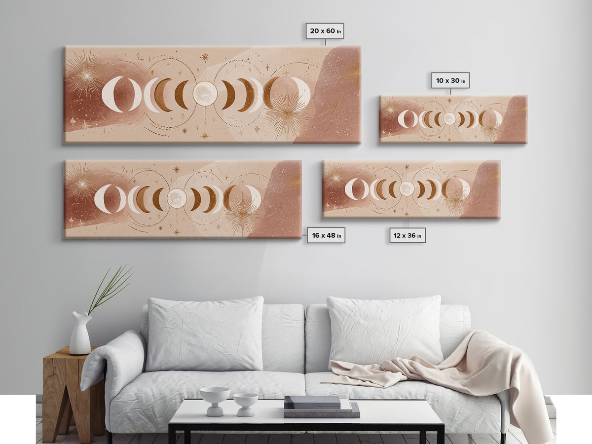 Neutral Moon Phases And Stars Wall Art, Celestial Boho Above Bed Decor, Mystical Lunar Canvas, Modern Bedroom Print, Home Decor