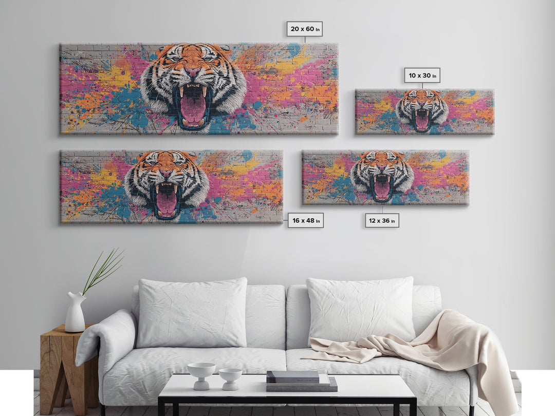 Vibrant Roaring Tiger Graffiti Mural Street Art Wall Painting Framed Canvas Print Urban Home Decor And Bold Living Room Wall Art
