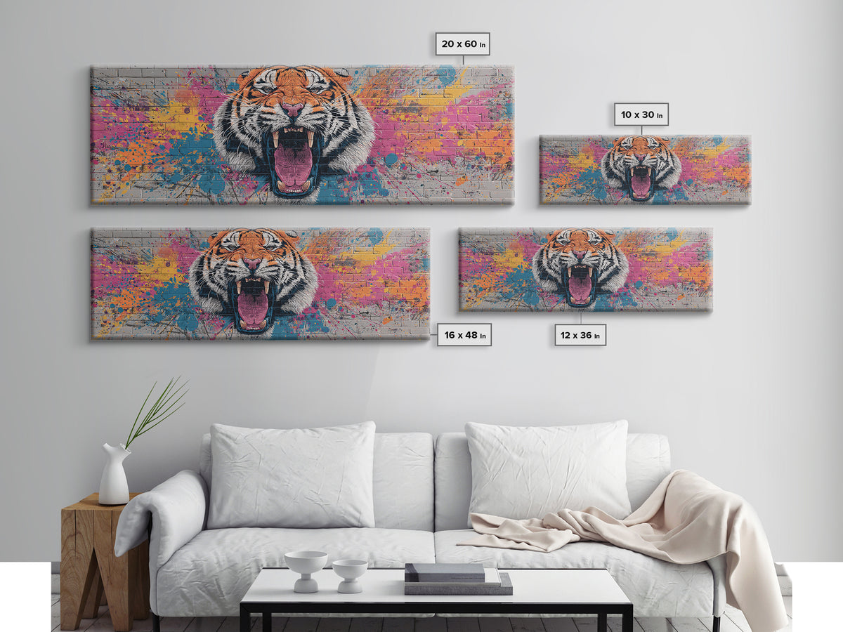 Vibrant Roaring Tiger Graffiti Mural Street Art Wall Painting Framed Canvas Print Urban Home Decor And Bold Living Room Wall Art