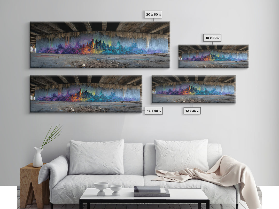 Vibrant Abstract Cityscape Street Art Featuring Colorful Skyline in Purple Blue and Orange Hues Wall Art