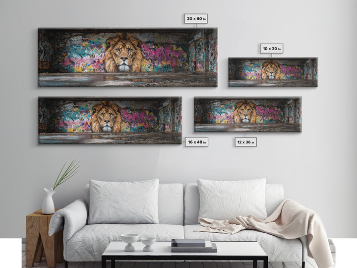 Vibrant Urban Graffiti Lion Mural Canvas Print Capturing Street Art Vibes With Striking Realism And Colorful Background Perfect Large Wall Art Decor