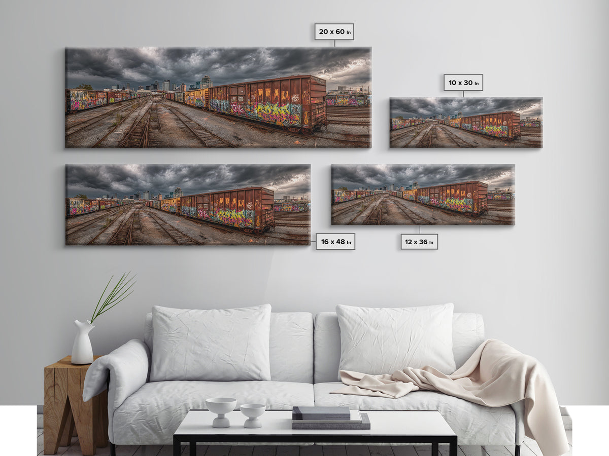 Urban Graffiti Covered Train Yard Under Moody Sky Wall Art Canvas Print For Contemporary Industrial Decor And Street Art