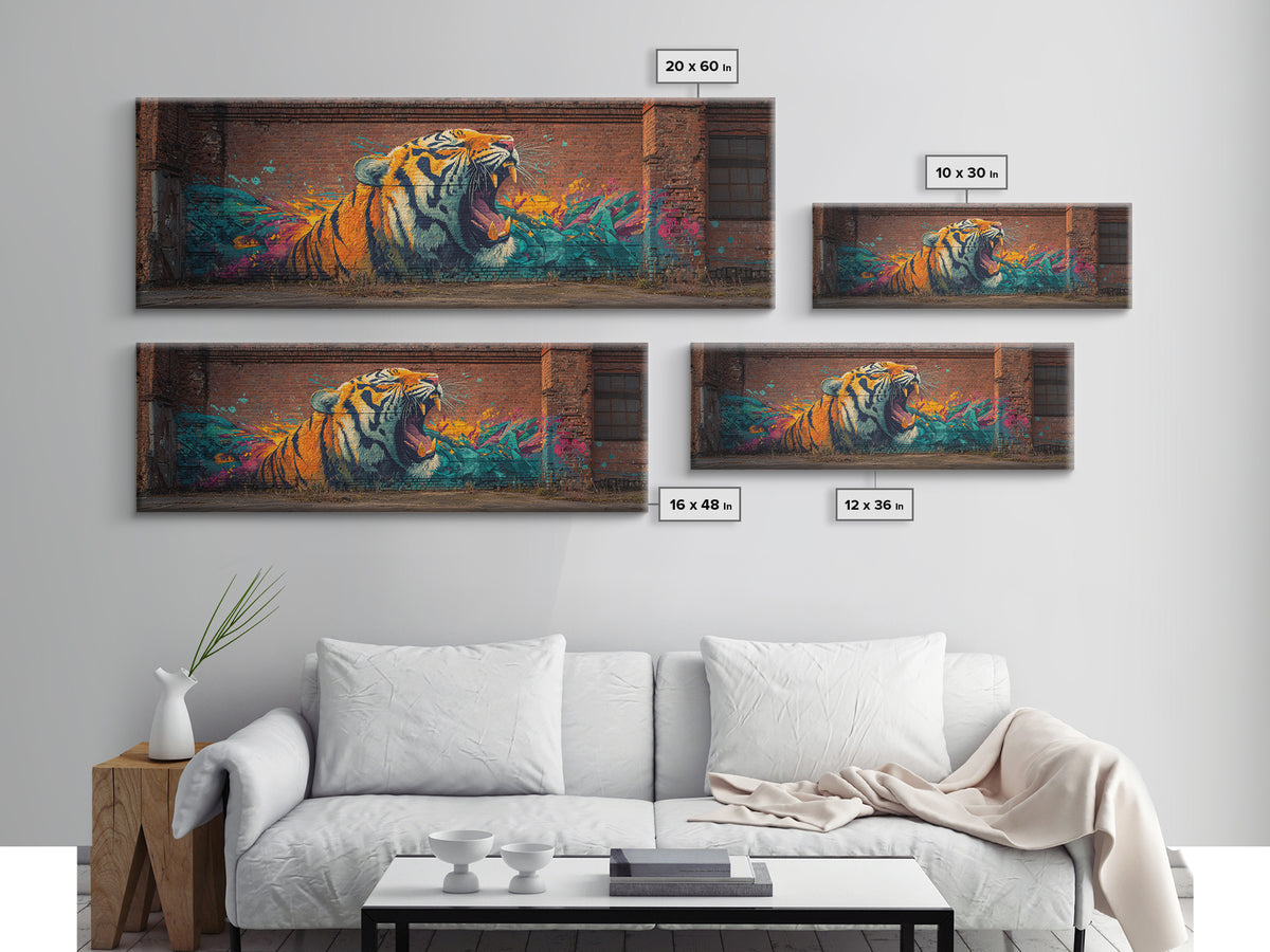 Roaring Tiger Street Art Graffiti Mural Vibrant Colorful Wall Art Framed Canvas Print Urban Home Decor