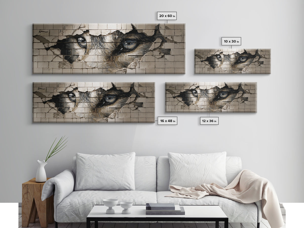 Intriguing Street Art Of Wolf Eyes Peering Through Broken Wall Painted On White Tiles Urban Wall Art Print