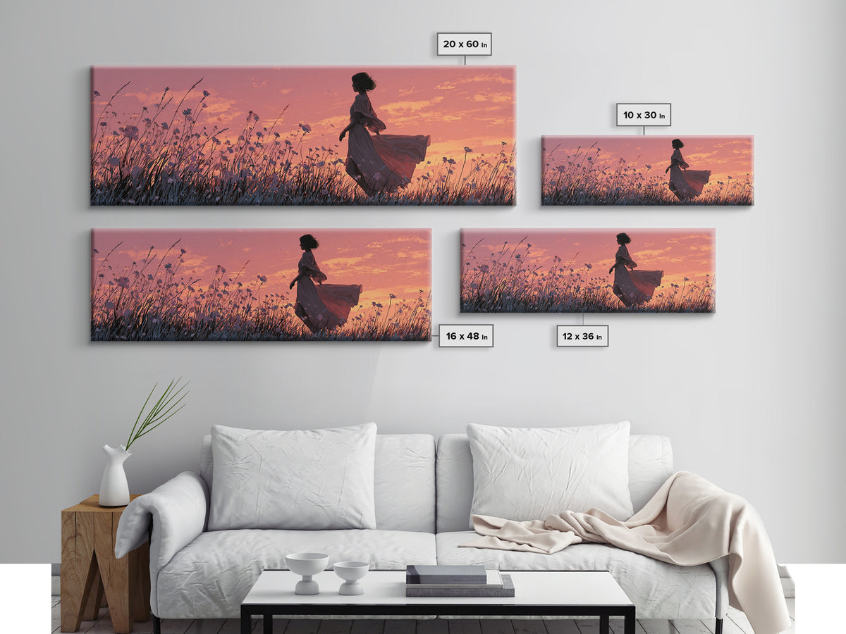 Woman Silhouette In Sunset Wildflower Meadow Canvas Print, Romantic Landscape Wall Art, Boho Bedroom Decor, Gift For Her