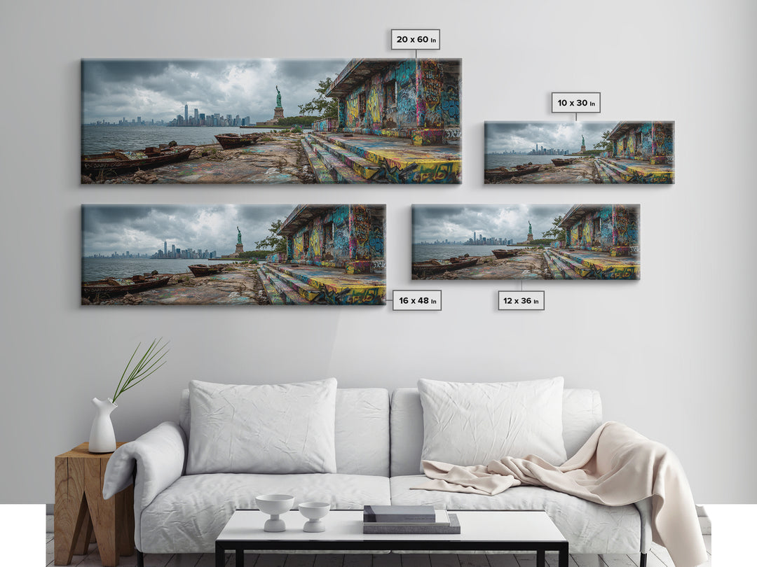 Cityscape With Statue And Graffiti Urban Street Scene Wall Art Framed Canvas Print For Industrial Home Decor And Gift For Him