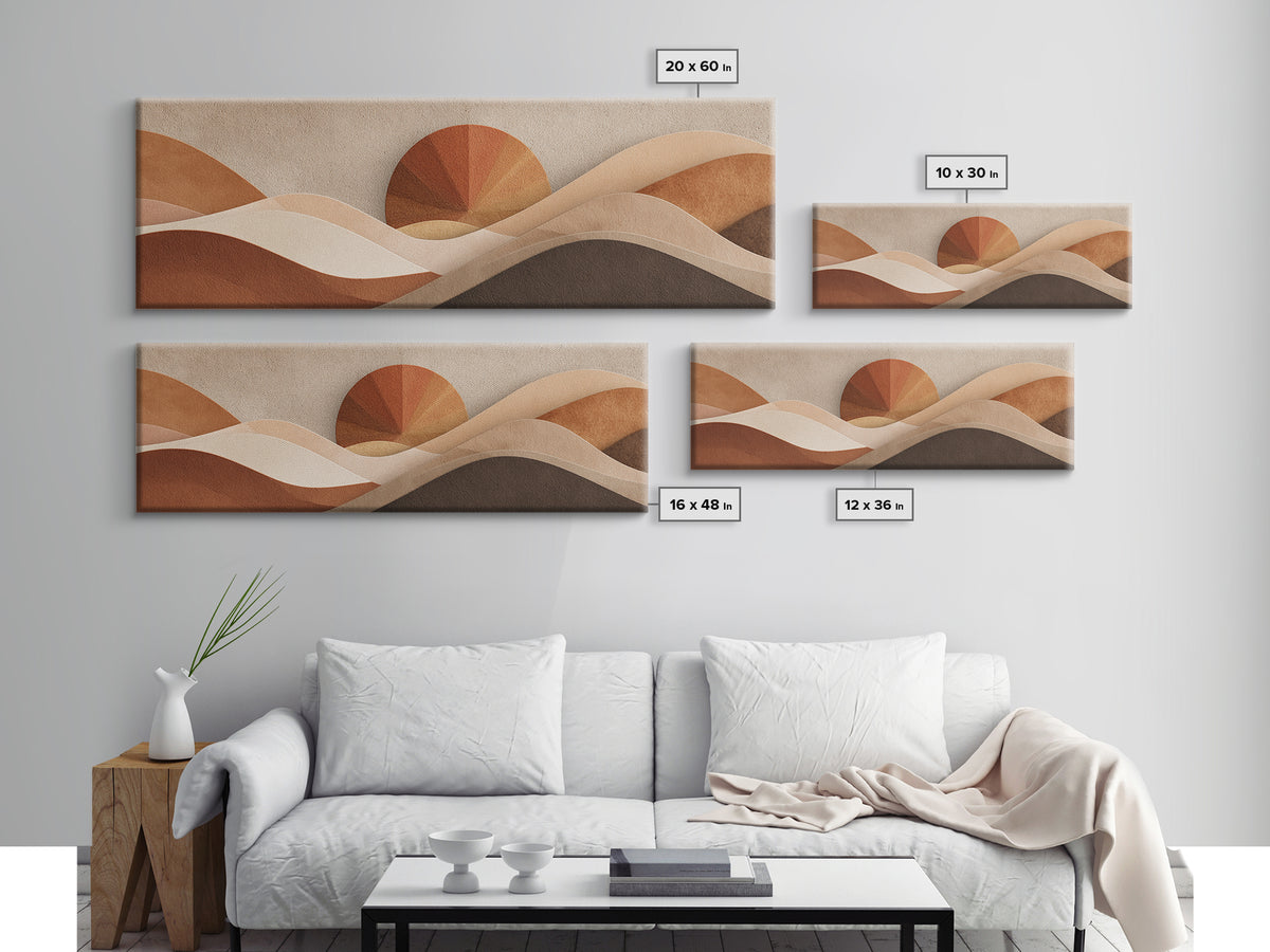 Abstract Desert Dunes And Sun Wall Art, Earth Tone Neutral Landscape, Mid Century Modern Decor, Large Horizontal Canvas Print
