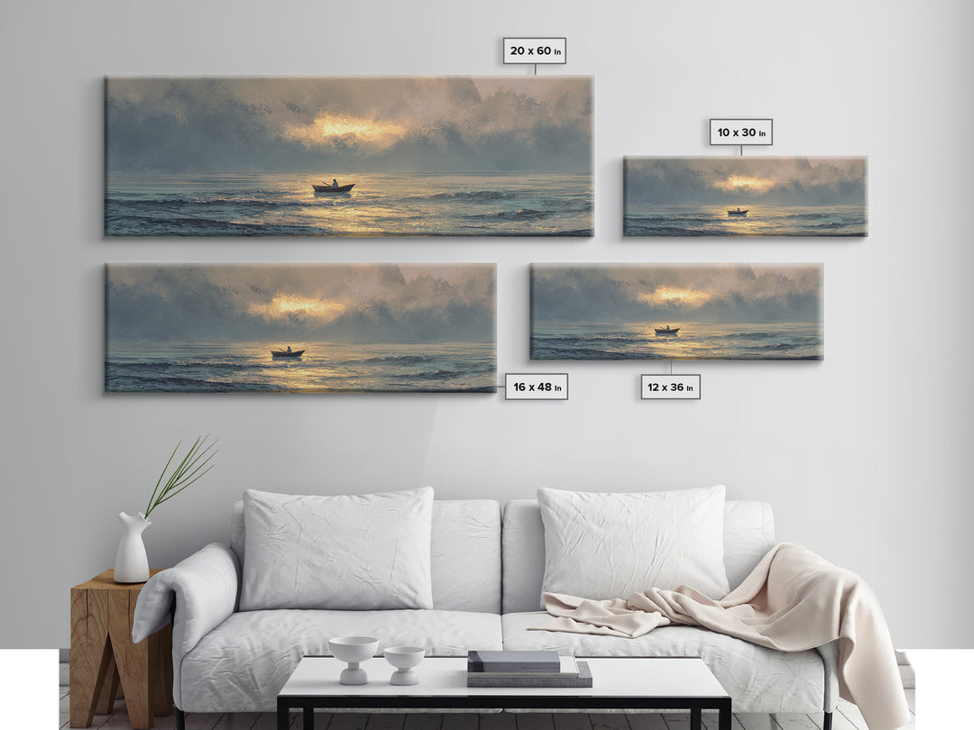 Contemplative Boat At Sea Sunrise Tranquil Ocean Scene Watercolor Style Wall Art Canvas Print Beach Decor