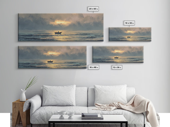 Contemplative Boat At Sea Sunrise Tranquil Ocean Scene Watercolor Style Wall Art Canvas Print Beach Decor