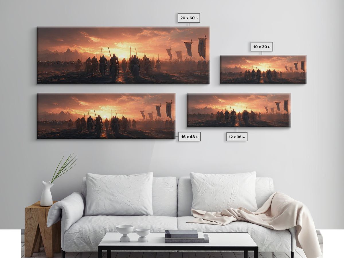 Epic Medieval Battle Scene At Sunset With Armored Knights And Banners Wall Art Framed Canvas Print For Home Decor