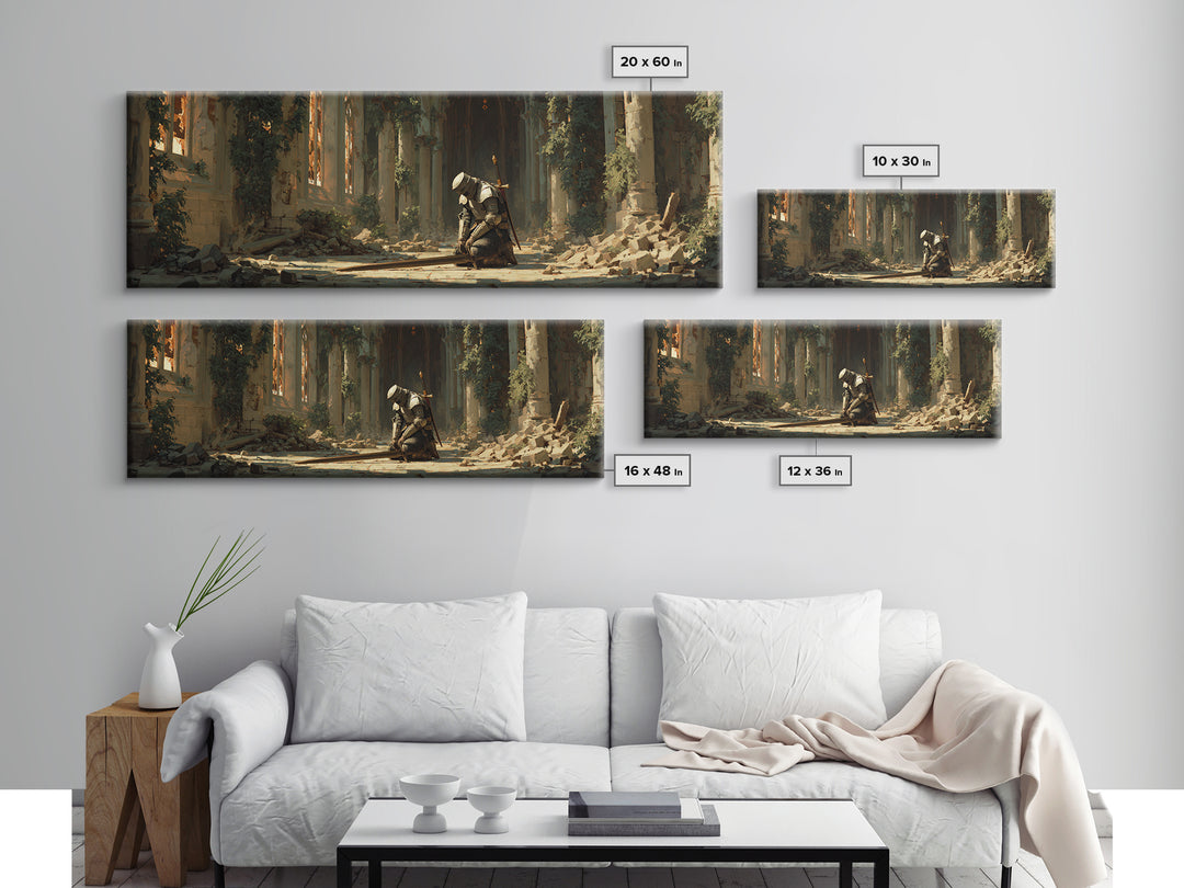 Kneeling Medieval Knight In Ruined Gothic Chapel With Sword Framed Canvas Print Dark Moody Wall Art