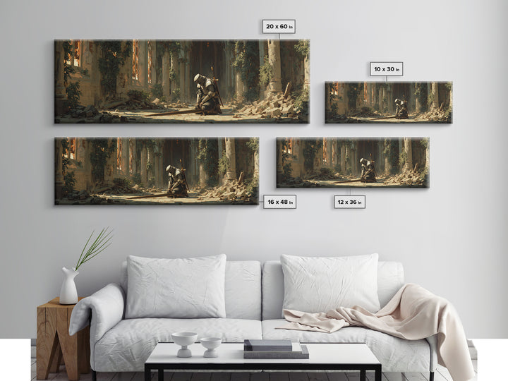 Kneeling Medieval Knight In Ruined Gothic Chapel With Sword Framed Canvas Print Dark Moody Wall Art