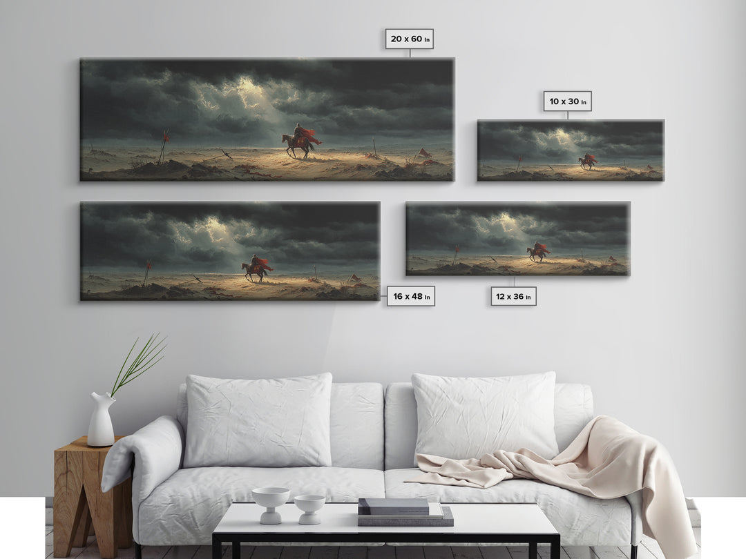 Medieval Knight On Horseback Under Moody Skies, Epic Historical Oil Painting Wall Art Print, Large Canvas Print For Dramatic Home Decor