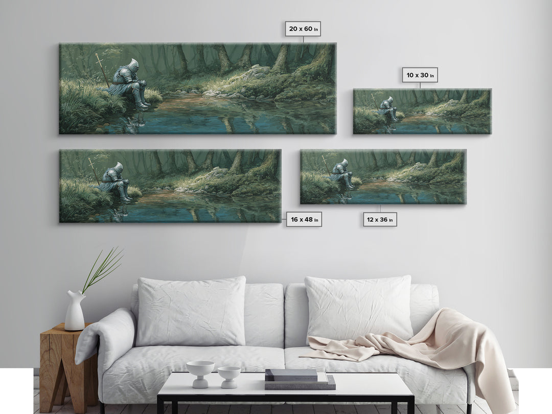 Reflective Knight In Armor Sitting Near Stream Fantasy Wall Art Canvas Print For Living Room Decor
