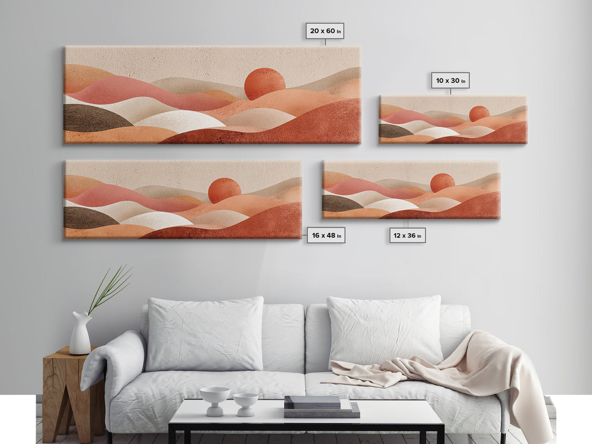 Soft Rolling Hills And Red Sun Wall Art, Abstract Landscape Canvas Print, Earth Tone Decor, Large Horizontal Living Room Art