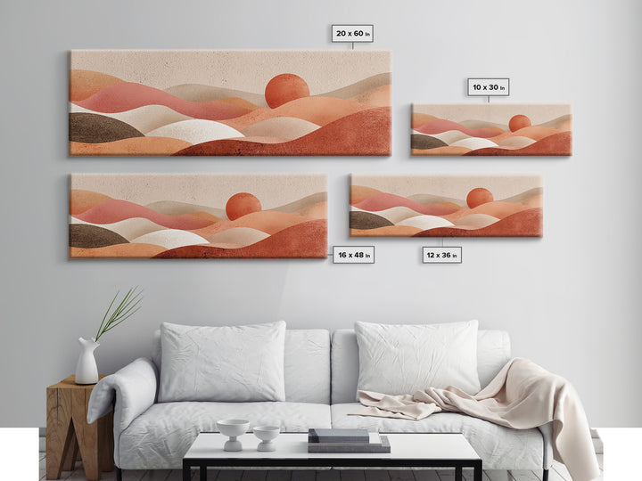Soft Rolling Hills And Red Sun Wall Art, Abstract Landscape Canvas Print, Earth Tone Decor, Large Horizontal Living Room Art