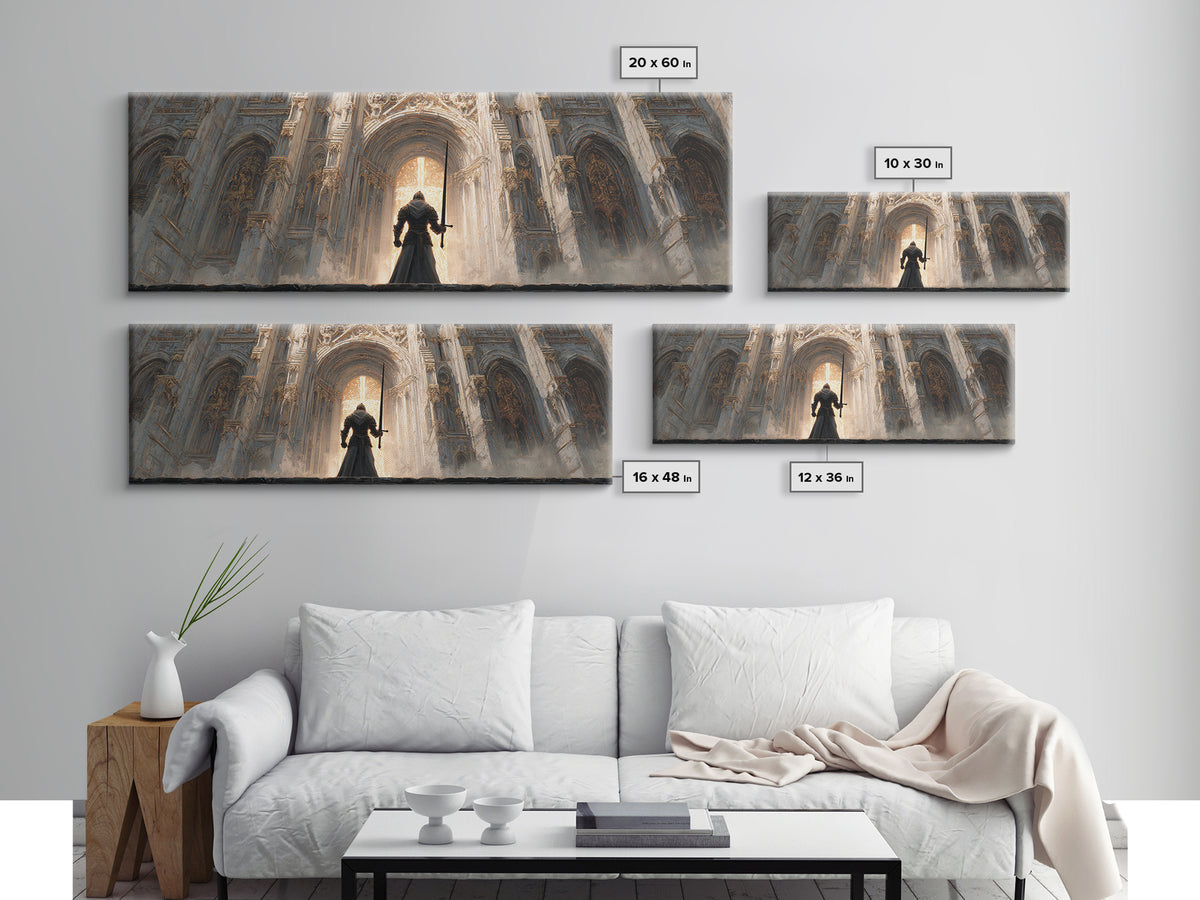 Epic Knight Standing Before Illuminated Cathedral Entrance Wall Art Framed Canvas Print For Dramatic Home Decor Gift