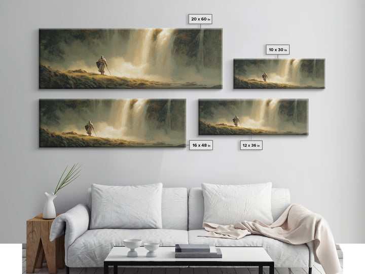 Medieval Knight Standing Near Waterfall Landscape Oil Painting Wall Art Canvas Print For Home Decor