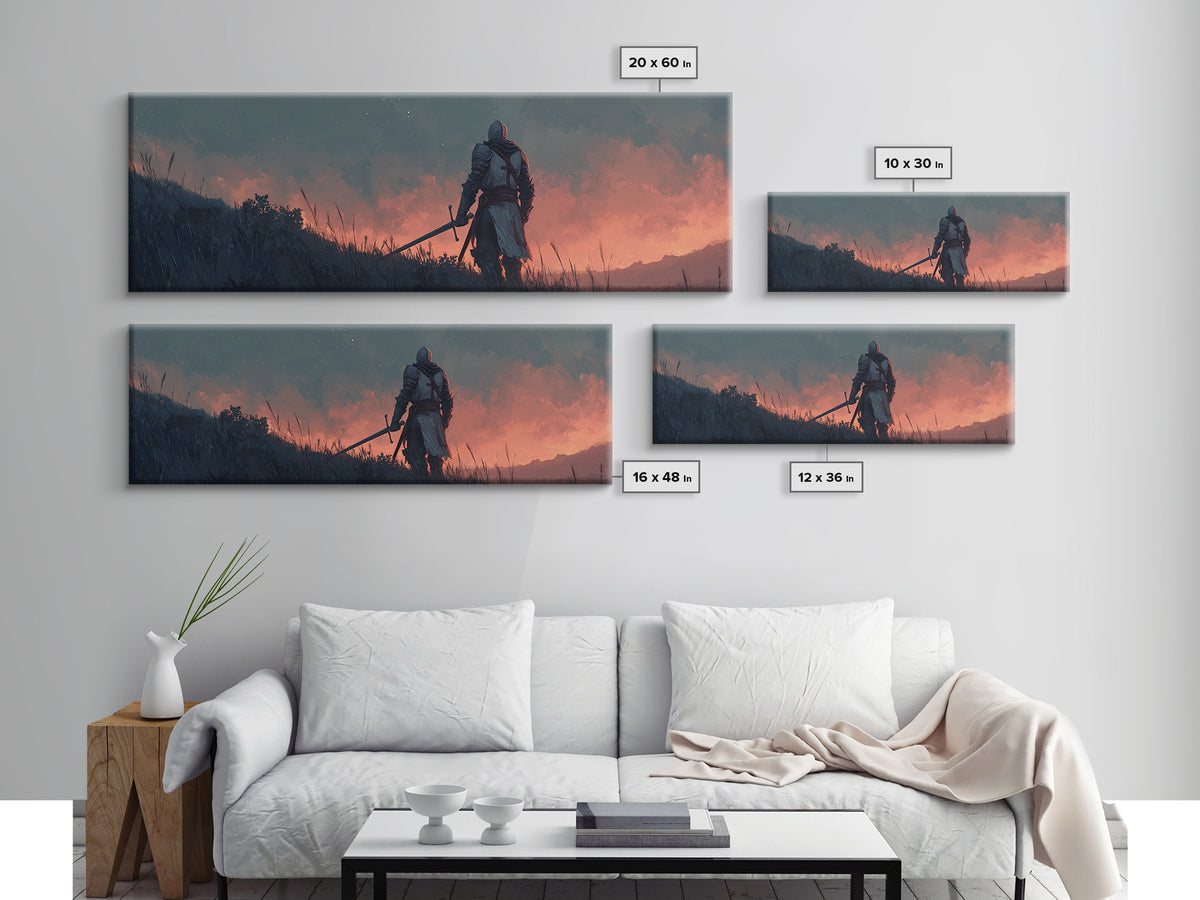 Brave Medieval Knight Staring At Fiery Sunset Holding Sword Canvas Print