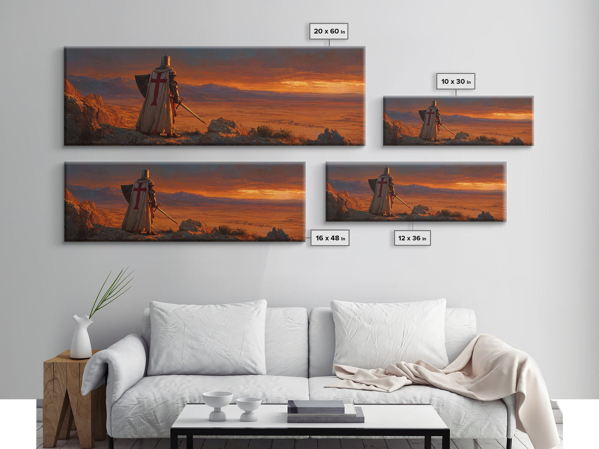 Medieval Knight Standing on Cliff Overlooking Sunset Dramatic Figurative Wall Art Oil Painting Canvas Print for Rustic Home Decor