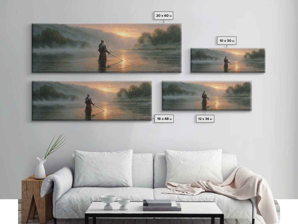 Knight Standing In Misty River At Sunrise With Sword Large Wall Art For Medieval Art Lovers