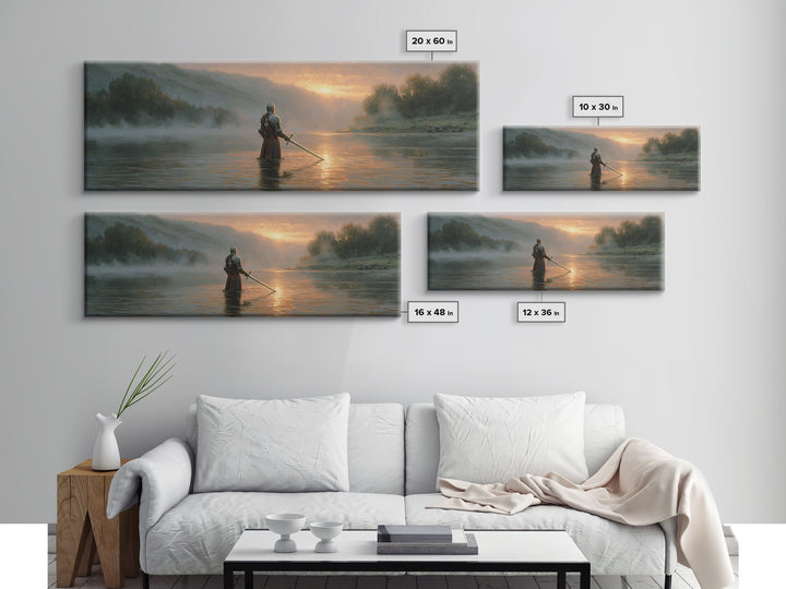 Knight Standing In Misty River At Sunrise With Sword Large Wall Art For Medieval Art Lovers