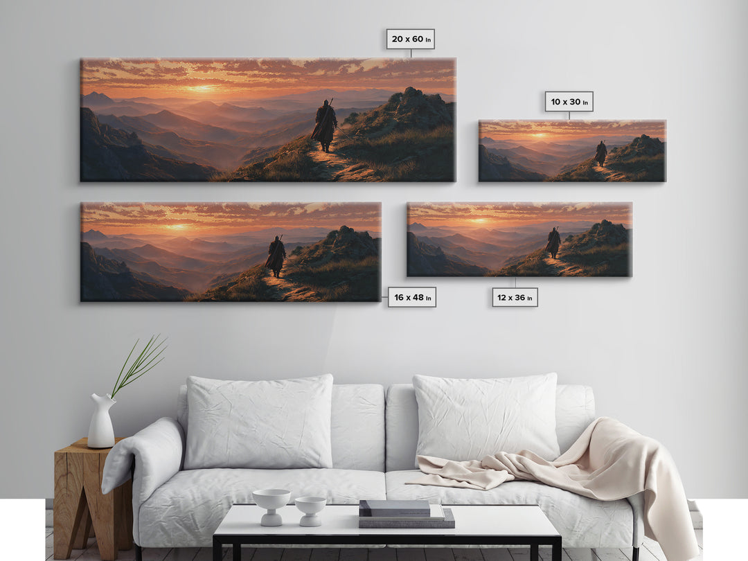 Medieval Knight Walking On Mountain Path At Sunset Dramatic Landscape Wall Art Framed Canvas Print For Fantasy Room Decor And Gifts