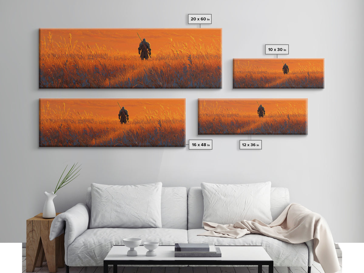 Epic Warrior Standing in Fiery Field Fantasy Painting Wall Art Framed Canvas Print with Dramatic Sky for Home and Office Decor