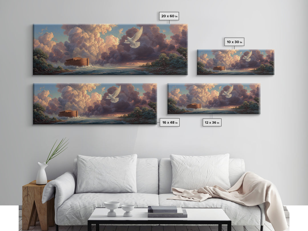 Serene Noahs Ark Ocean Landscape With Dove And Dramatic Sky Inspirational Wall Art Framed Canvas Print
