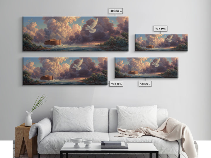 Serene Noahs Ark Ocean Landscape With Dove And Dramatic Sky Inspirational Wall Art Framed Canvas Print