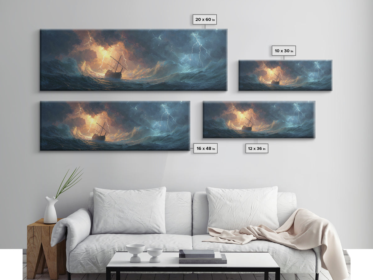 Stormy Ocean Ship In Lightning And Waves Painting Dramatic Seascape Wall Art Framed Canvas Print Perfect For Coastal Living Room Or Nautical Office Decor