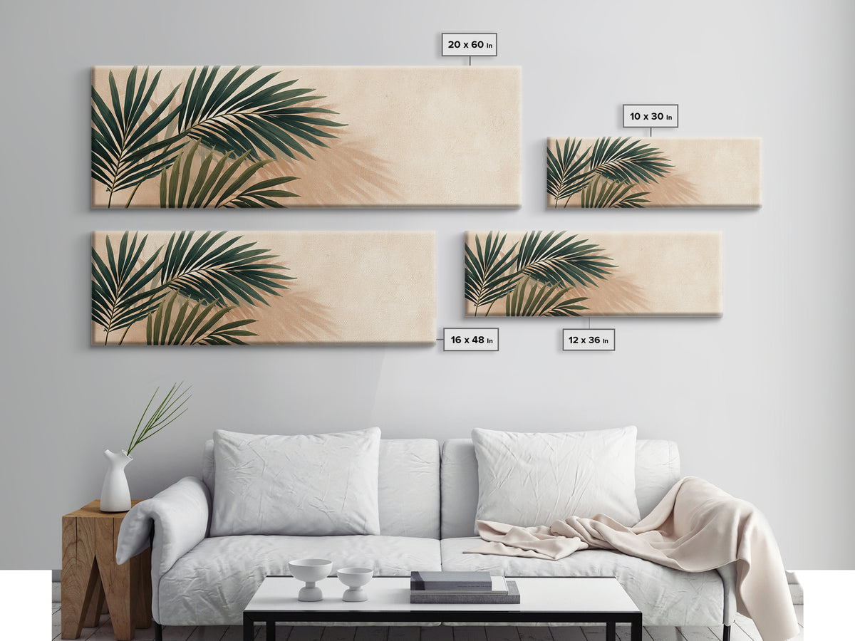 Tropical Palm Leaf Shadows Wall Art, Minimal Botanical Canvas Print, Coastal Boho Home Decor, Neutral Beige Living Room Art