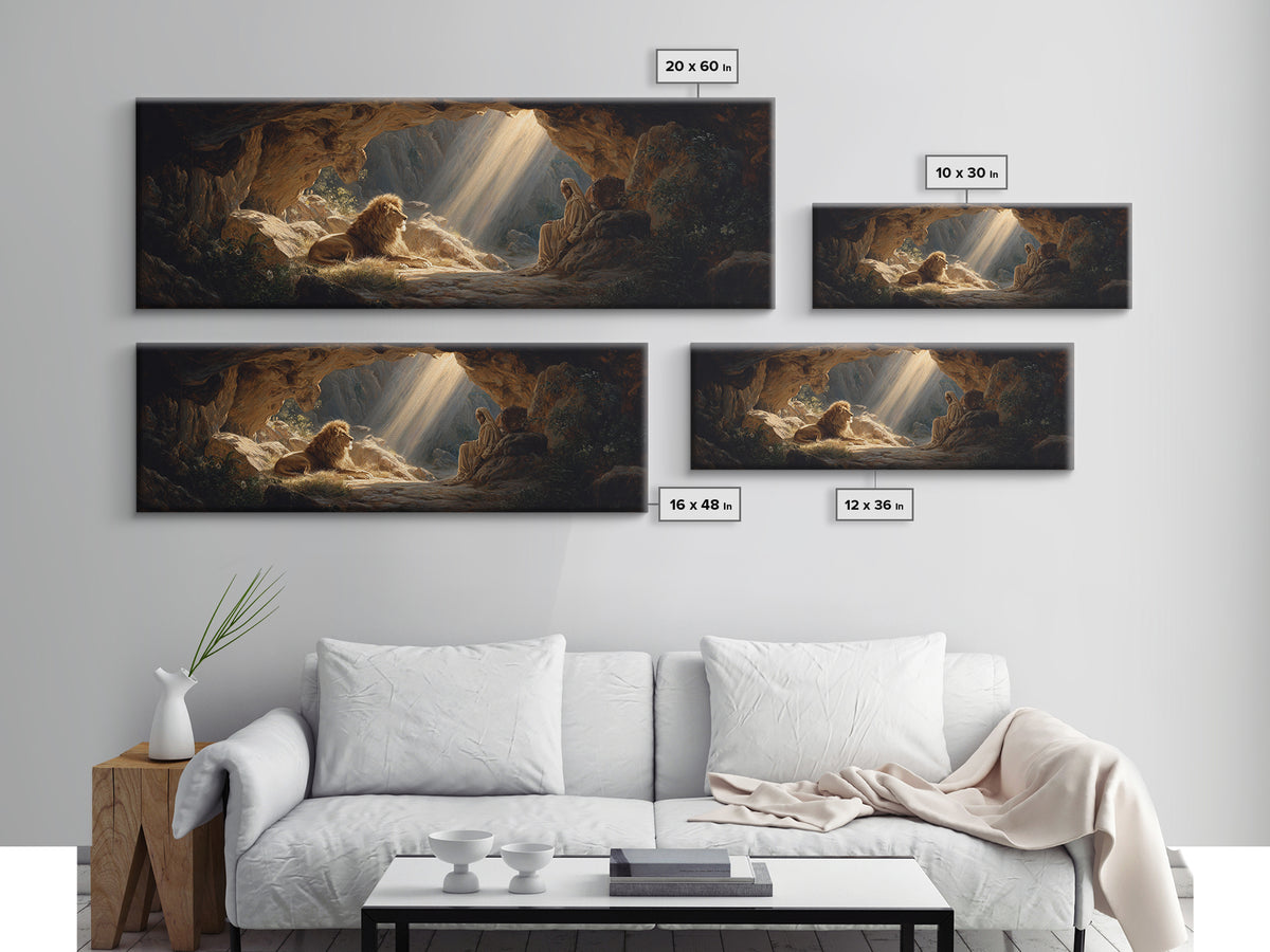 Sunlit Cave Scene With Lion And Sage Figure Painting Wall Art Framed Canvas Print For Mystical Home Decor