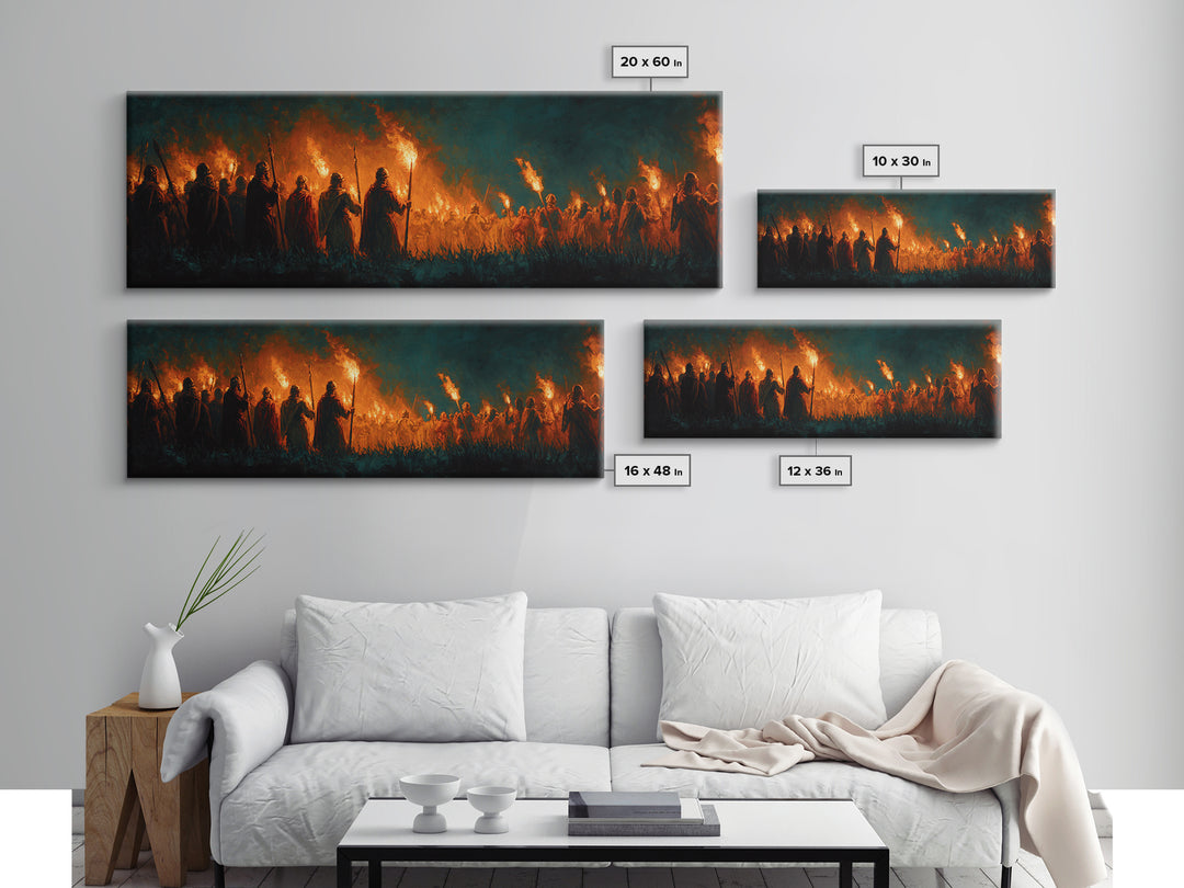 Moody Fiery Torch Lit Night Procession Painting Wall Art Framed Canvas Print For Medieval Dark Romantic And Gothic Decor