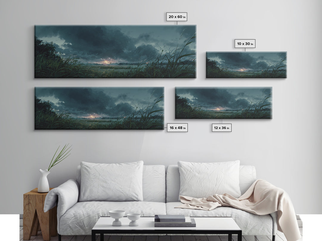 Dramatic Stormy Landscape Digital Painting With Lush Grasses and Dark Clouds Sunset Scene Canvas Print