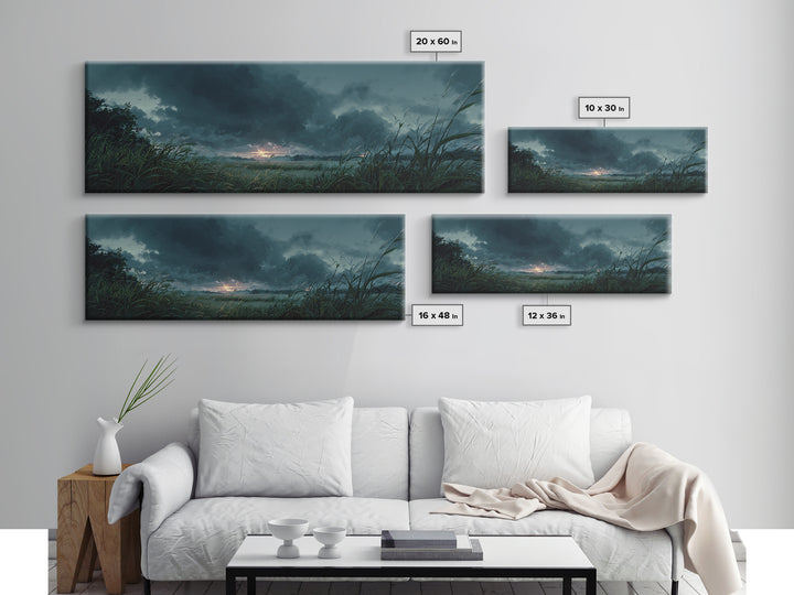 Dramatic Stormy Landscape Digital Painting With Lush Grasses and Dark Clouds Sunset Scene Canvas Print