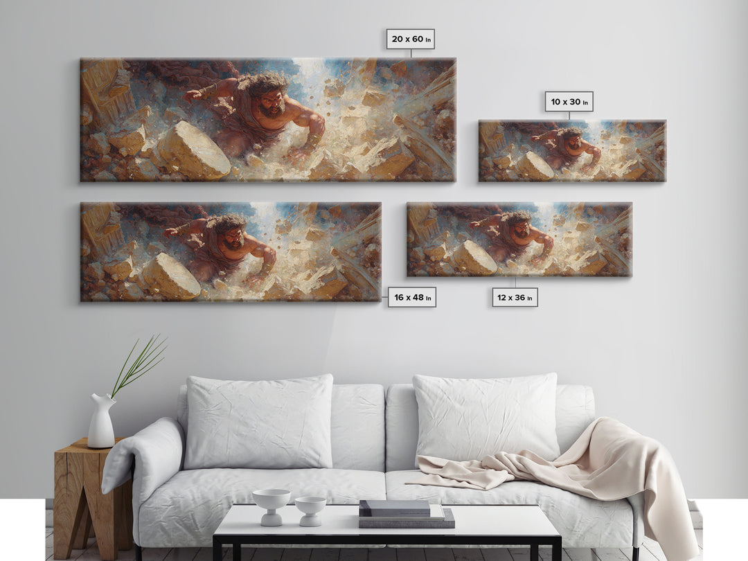 Strong Mythological Giant Breaking Rocks Epic Fantasy Painting Wall Art Canvas Print