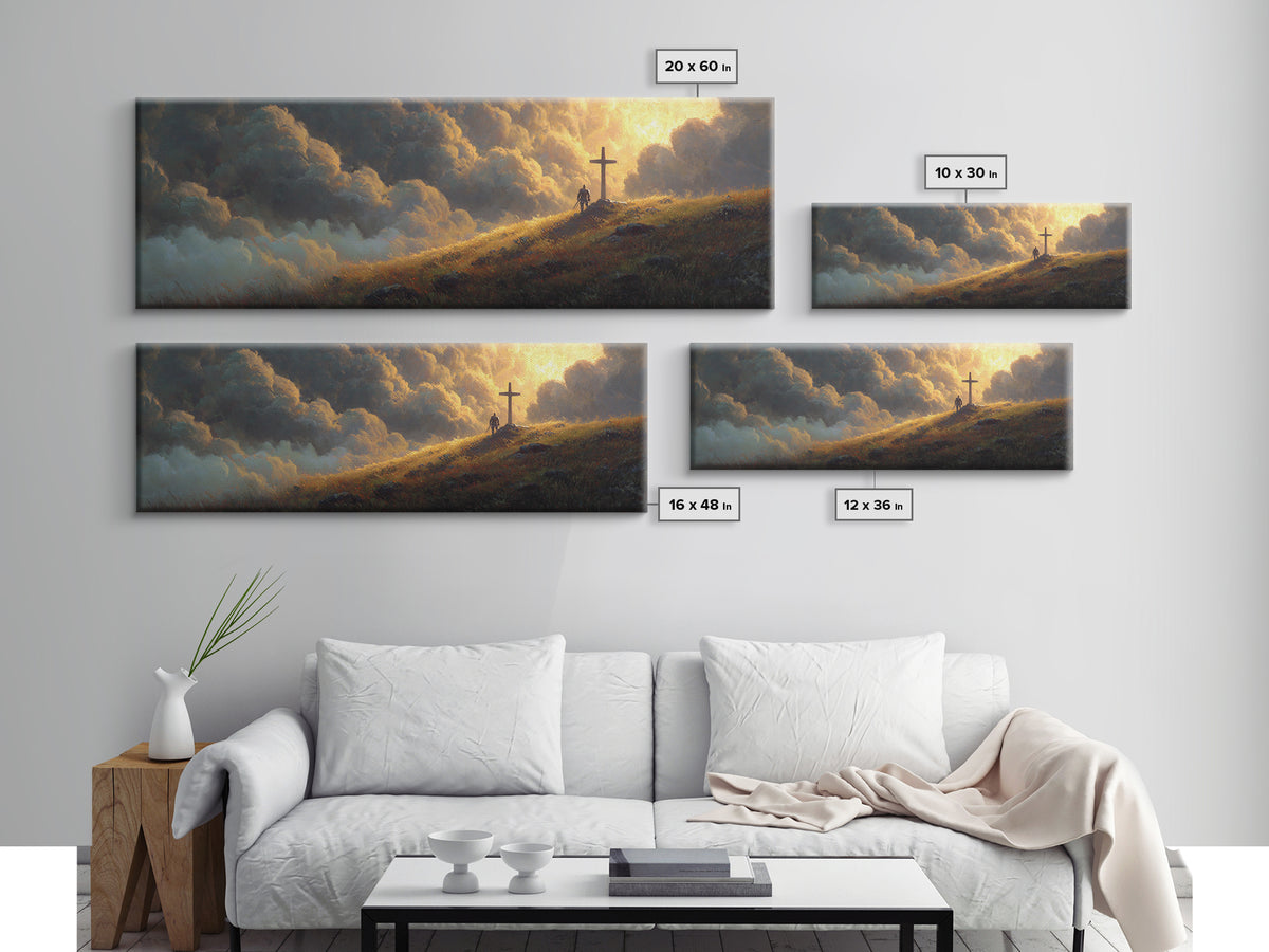 Mystical Knight Near Giant Cross Under Dramatic Sunset Clouds Fantasy Wall Art Canvas Print For Romantic And Spiritual Home Decor