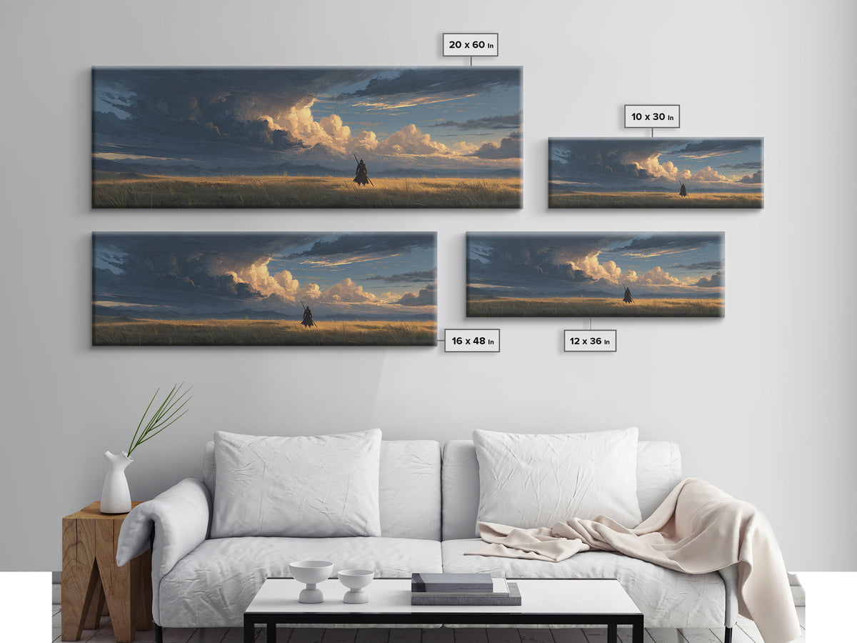 Knight In Field Under Dramatic Cloudscape Sunset Sky Wall Art Canvas Print For Rustic Living Room Decor And Gift For Him