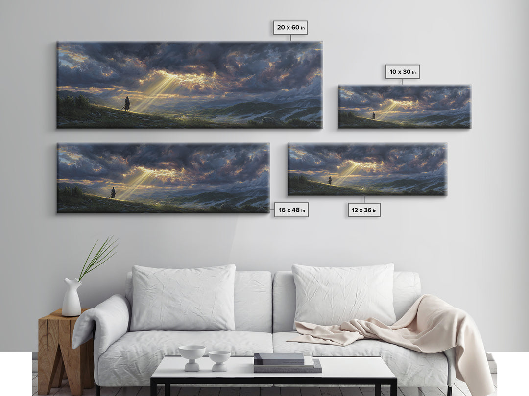 Sunlight Breaking Through Stormy Clouds Over Knight In Vast Landscape Canvas Print Large Wall Art For Moody Home Decor