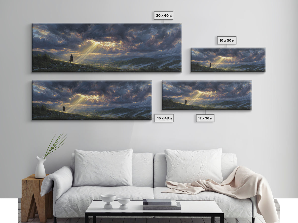 Sunlight Breaking Through Stormy Clouds Over Knight In Vast Landscape Canvas Print Large Wall Art For Moody Home Decor