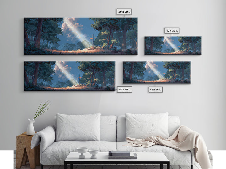 Sun Beam Lighting Cross On Hill With Forest Background Moody Religious Wall Art Canvas Print