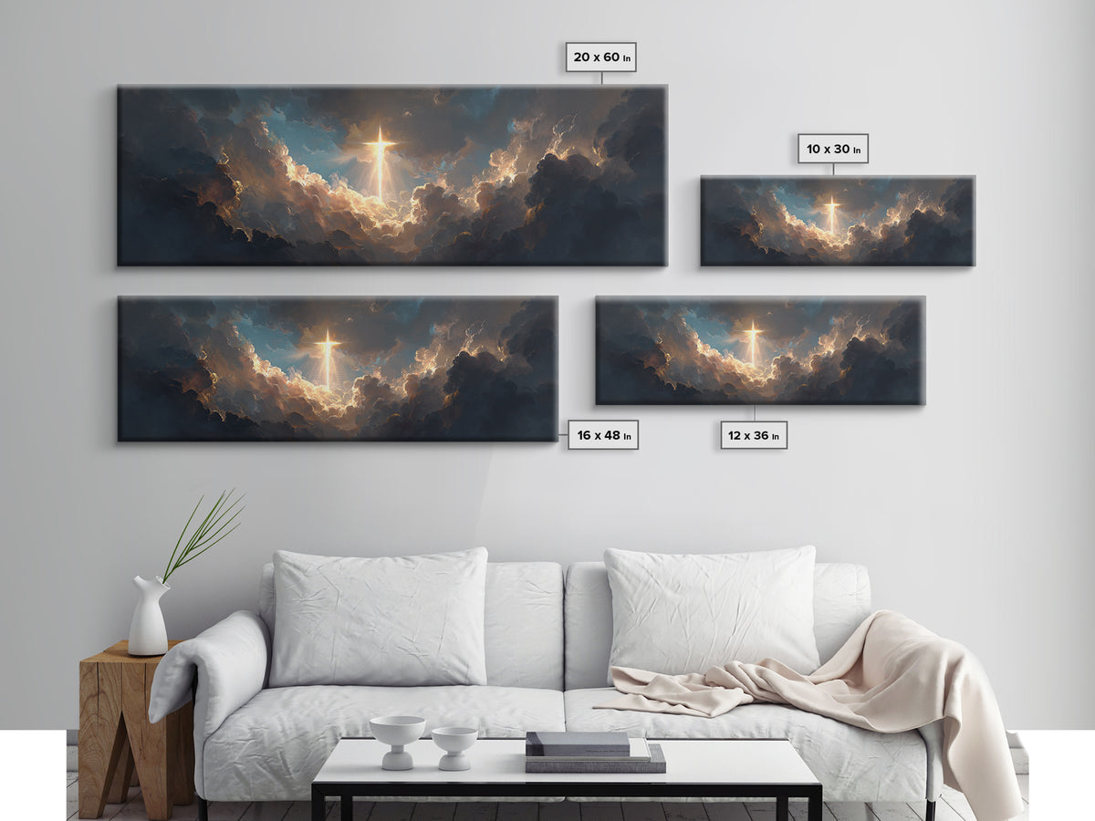Majestic Gleaming Cross In Clouds Spiritual Religious Wall Art Framed Canvas Print Inspirational Home Decor