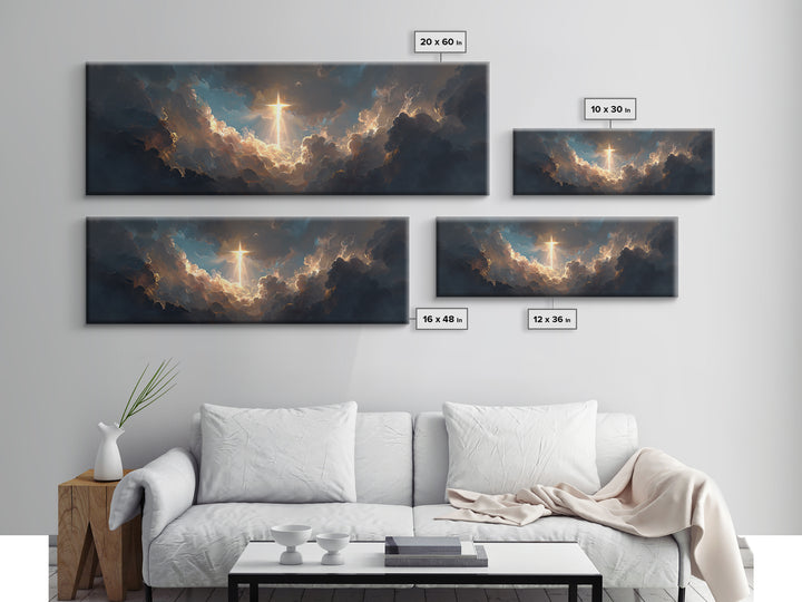 Majestic Gleaming Cross In Clouds Spiritual Religious Wall Art Framed Canvas Print Inspirational Home Decor