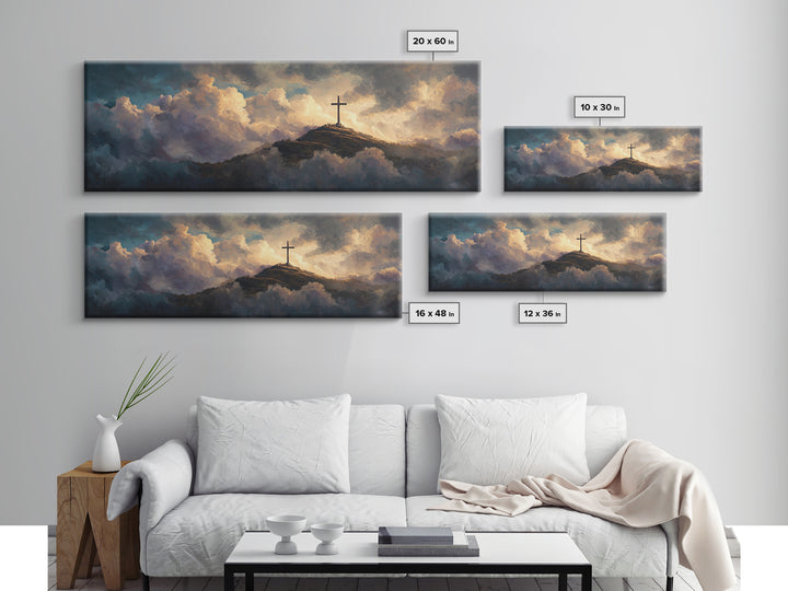 Solitary Cross Atop Mountain Amid Heavenly Clouds Wall Art Large Canvas Print Inspirational Christian Home Decor