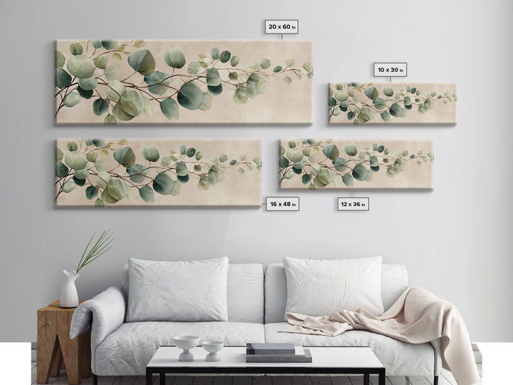Eucalyptus Branch Botanical Wall Art, Sage Green Neutral Canvas Print, Japandi Living Room Decor, Above Bed Wall Decor, Large Wall Art
