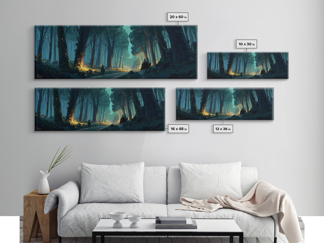 Mystical Enchanted Forest Pathway With Lanterns And Traveler Walking Horse Canvas Print